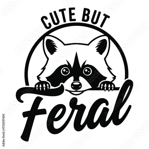 Vector art of cute but feral raccoon face in a circle on white background