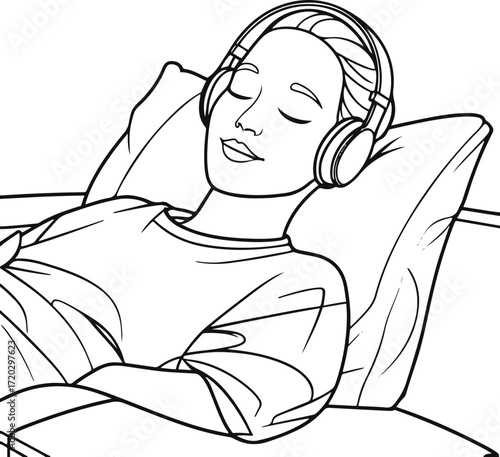 Person with headphones lying on couch, listening to music, minimal line art 1