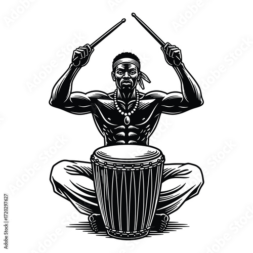 Vector art of muscular man playing djembe drum isolated on white background