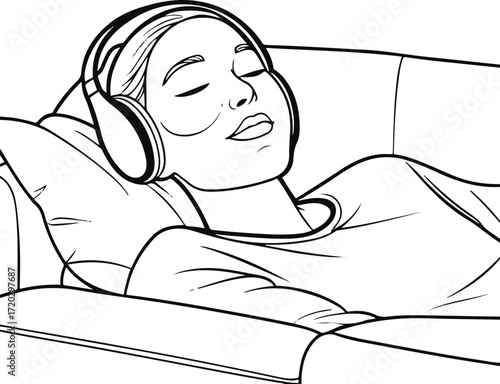 Person with headphones lying on couch, listening to music, minimal line art