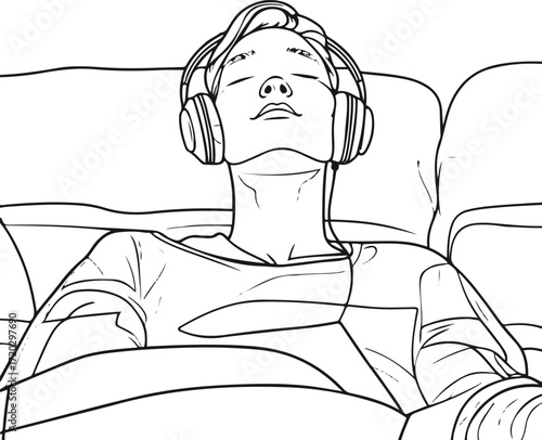 Person with headphones lying on couch, listening to music, minimal line art 3