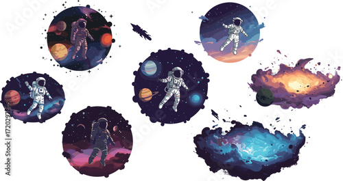 Astronaut illustrations, space exploration, cosmic scenes, nebula artwork, planets and stars, galaxy adventure, science fiction, vibrant universe concept