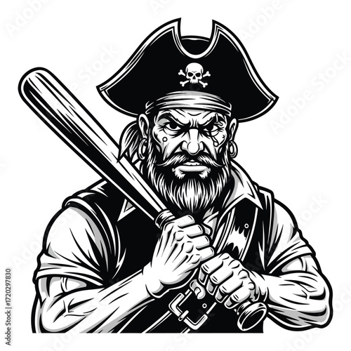 Vector art of a pirate with a baseball bat is isolated on white background