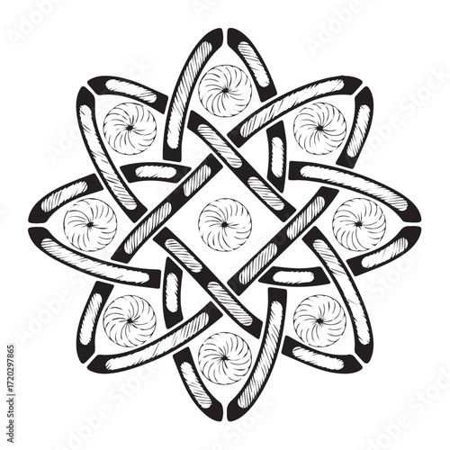 Intricate eight pointed star knot pattern with celtic knotwork detailing in a black and white illustration style