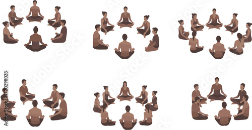 Group circle silhouettes, seated meditation, mindfulness gathering, discussion pose, community engagement, peaceful energy, collaborative focus, wellness illustration