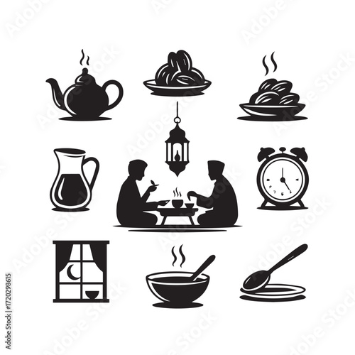 Ramadan iftar meal icons set silhouette featuring dates tea kettle clock lantern and people sharing food