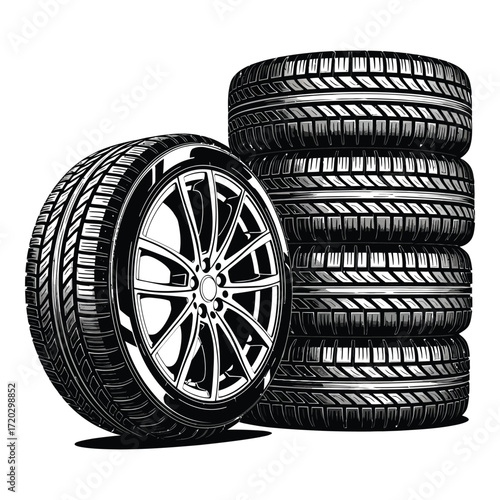 Vector art of a stack of new car tires with rims isolated on white background