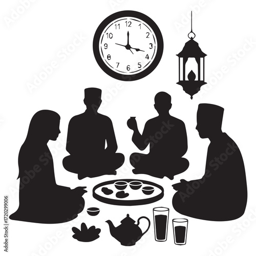 Silhouette of a muslim family gathered for iftar meal during ramadan with clock and lantern overhead