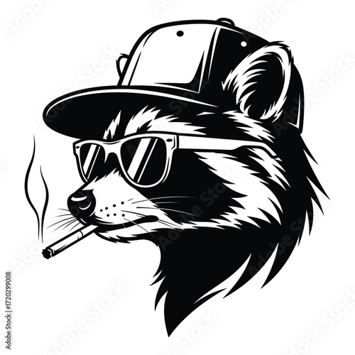 Vector art of a cool raccoon wearing sunglasses and smoking isolated on white background
