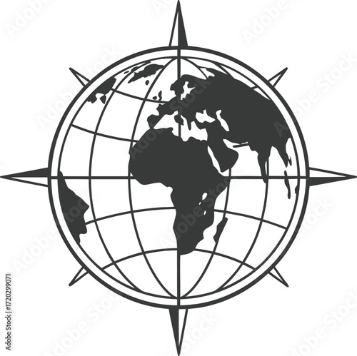 Stylized globe and compass rose symbolizing global navigation and exploration isolated on transparent background