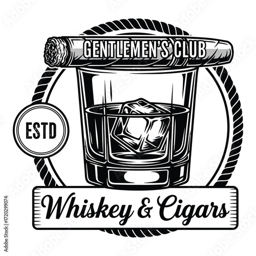 Vector art of a gentlemens club logo with whiskey and cigars isolated on white background