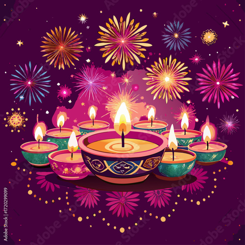 Vibrant Diwali Celebration A Mandala of Lit Diyas Illuminating a Festive Orange Backdrop	
