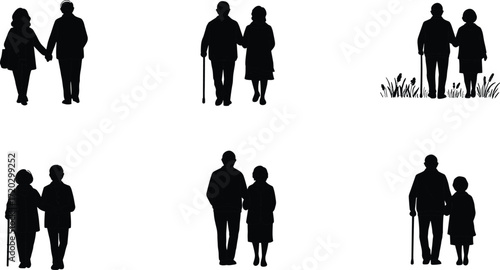 Elderly couple silhouettes, walking together, holding hands, senior companionship, aging love, retirement life, peaceful bond, family care illustration