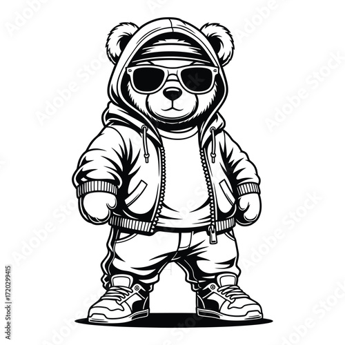 Vector art of cool teddy bear wearing hoodie and sunglasses isolated on white background