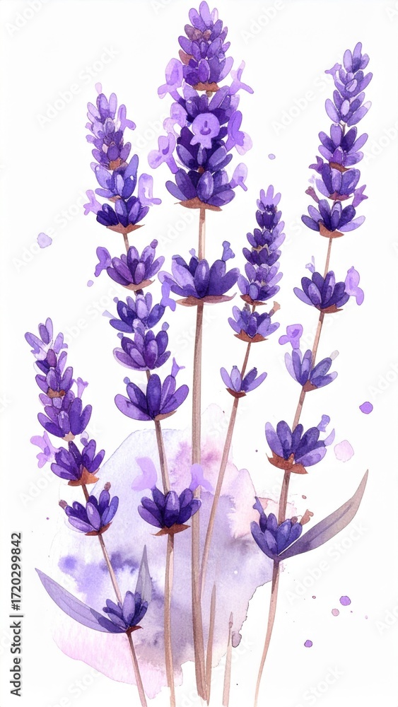 Naklejka premium Watercolor Illustration of Lavender Flowers with Purple Blossoms on White Background