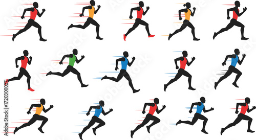 Running silhouettes, motion trails, athletic speed, colorful runners, dynamic movement, sprint poses, fitness, sports energy, competition illustration