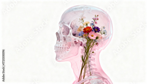 A Blooming Mind Vibrant Wildflowers Flourishing Inside a Translucent Human Skeletal Profile