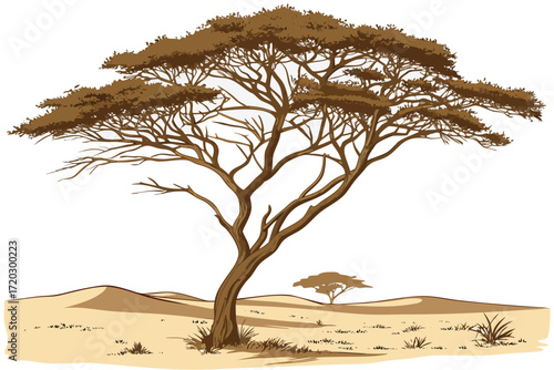 Realistic vector illustration of a desert acacia tree with umbrella canopy scalable graphic