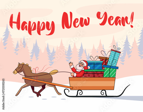 Santa Claus is delivering gifts. Santa Claus is in a sleigh pulled by a horse. The horse is running through the forest, pulling the sleigh with gifts. New Year's illustration