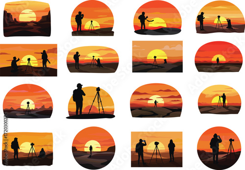 Landscape photography silhouettes, sunset and sunrise scenes, tripod camera setup, golden hour light, nature view, artistic capture, outdoor moment