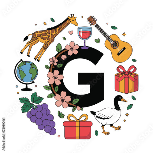 Whimsical alphabet letter g decorated with giraffe guitar grapes gifts globe goose and glass of wine