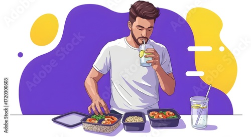 Healthy Diet Lifestyle Man Enjoying Fresh Drinks and Nutritious Meals in Stylish Illustration