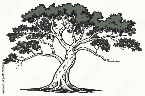 Vector illustration of a mature plane tree with a sprawling canopy and textured bark
