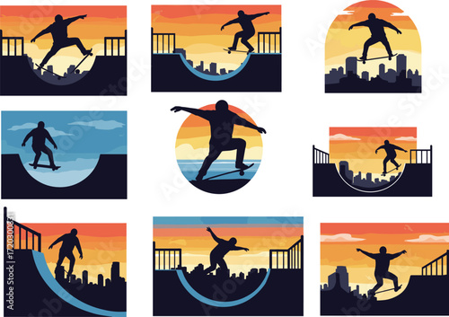 Skateboarding silhouette collage, urban trick poses, sunset background, ramp action, city skyline, youth energy, dynamic sport, vibrant motion
