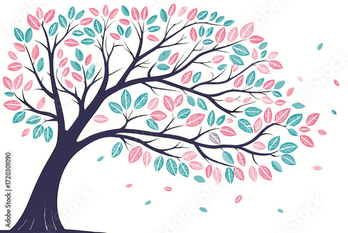 Spring tree vector illustration pastel pink blue mint foliage scalable graphic