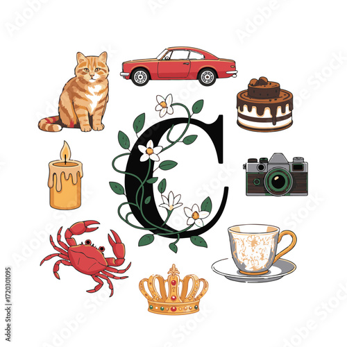 Whimsical arrangement of vintage objects and a decorative letter c with floral accents on a white background