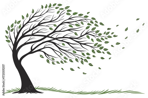 Windblown tree silhouette with falling leaves realistic vector illustration scalable art