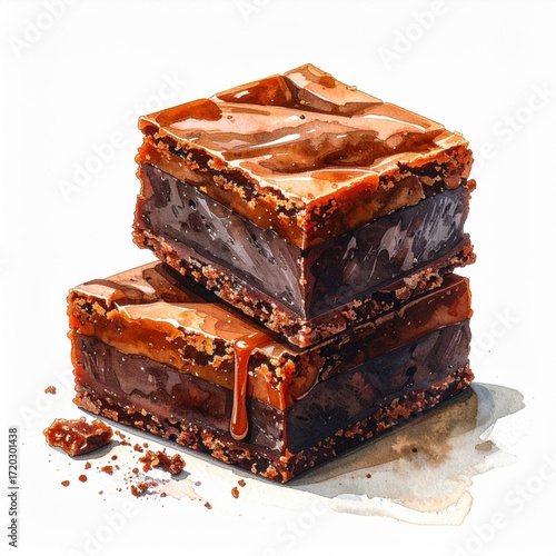 Watercolor Stack of Rich Chocolate Brownies Dessert Isolated on White Background