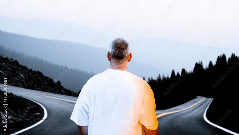 Fototapeta premium A man stands at a crossroads, contemplating his future path amidst a misty mountain landscape