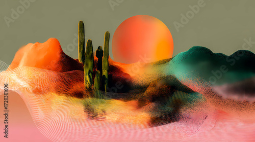 Abstract desert landscape with cacti and a vibrant sunset. An artistic artwork of a desert scene featuring cactuses, rolling hills, and a large orange sun. Image uses a blend of textures and gradients