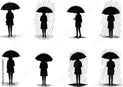 Umbrella silhouette illustration, rainy day poses, puddle reflection, weather mood, standing figure, storm scene, peaceful moment, outdoor concept