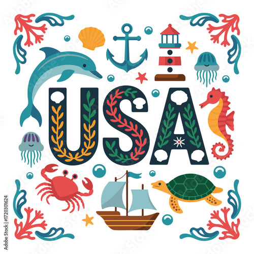Whimsical usa marine life and nautical symbols with decorative coral borders and sunny sky elements