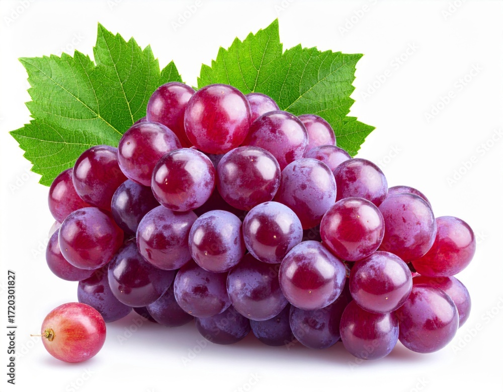 Fototapeta premium Fresh Bunch of Red Grapes with Green Leaves on White Background