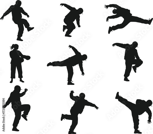 Dance and martial arts silhouettes, expressive movement, athletic pose, balance and energy, sport action, dynamic figure, motion illustration