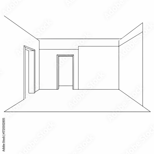 Empty room interior with doorways, architectural sketch showing perspective and space