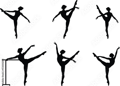 Ballet dancer silhouette collection, elegant poses, classical dance, ballerina art, graceful movement, dance training, flexibility, performance beauty
