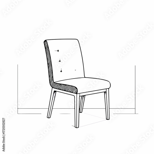 Clean sketch of a modern upholstered dining chair on a white background with architectural lines