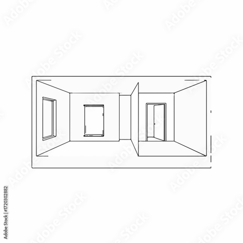 Clean architectural sketch of an empty interior space with windows and a door