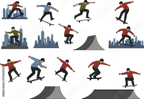 Skateboarding tricks illustration, urban skate park, mid-air flips, grind rails, street style motion, athletic pose, vibrant action, youth energy