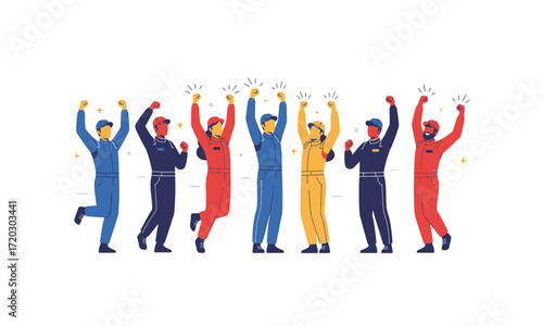 Cheerful Racing Team Celebrating Victory with Arms Raised in Colorful Uniforms.