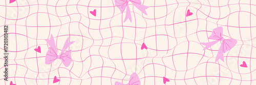 Abstract seamless background featuring a decorative pink bow and gerly aesthetic. Y2K retro pattern with a groovy checkerboard design.