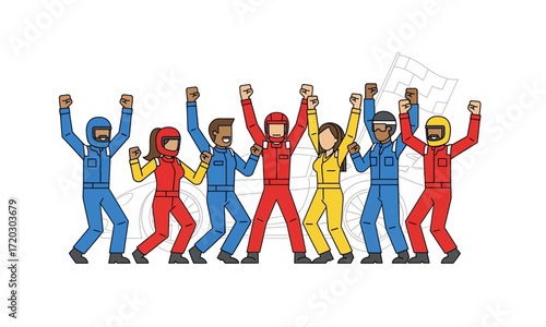 Cheerful Racing Team Celebrating Victory with Raised Arms and Diverse Uniforms.