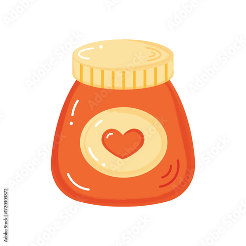 Red jar  with jam with watercolour texture on transparent background. Delicious jam. Food element. Clip art. Cute doodle icon. Design  for autumn and winter decorations.Vector illustration.