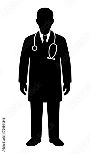 Silhouette of a Healthcare Professional: A stark silhouette of a medical doctor, in professional attire with a stethoscope, standing at attention, a symbol of trust and care.
