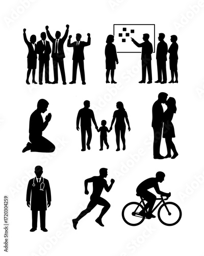 Life Silhouettes: Capturing Moments of Humanity: An artful composition showcasing diverse human figures in a spectrum of daily activities.