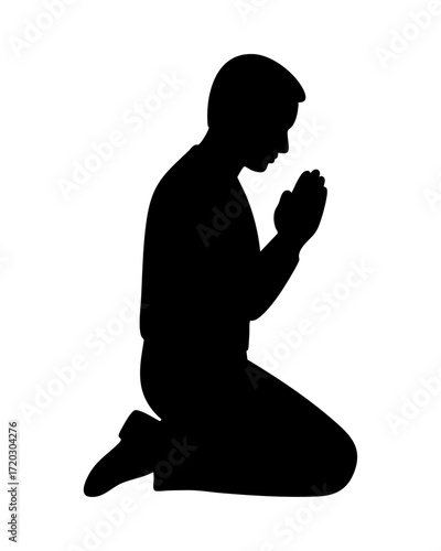 Silhouette of Prayer: A serene silhouette of a person in deep prayer, hands clasped, head bowed, embodying reverence and spiritual reflection. 